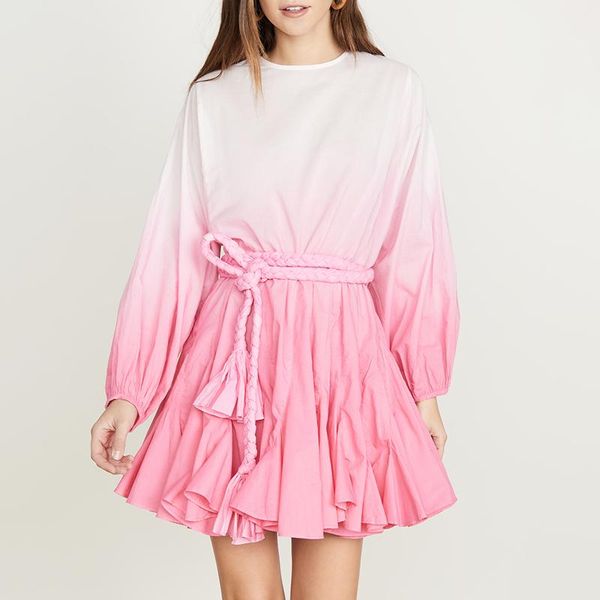casual dresses women gradient dress lantern sleeve high waist belted mini summer, Black;gray