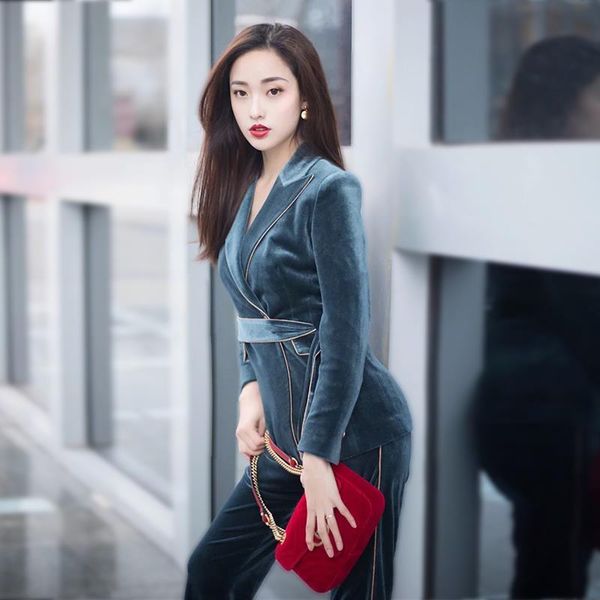 two piece dress women clothes autumn and winter velvet suit fashion jacket temperament slim slimming flared pants, White
two piece dress women clothes autumn and winter velvet suit fashion jacket temperament slim slimming flared pants, White