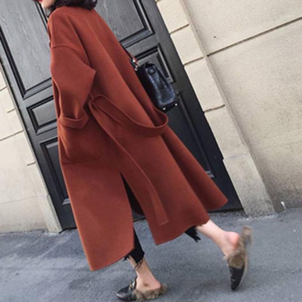 women's wool & blends women long woolen coat a line lace-up pocket belt casual fashion office lady young overcoat 2021 autumn winter ja, Black
women's wool & blends women long woolen coat a line lace-up pocket belt casual fashion office lady young overcoat 2021 autumn winter ja, Black