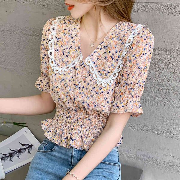 women party blouse summer peter pan collar puff sleeve sweet print shirts korean chic wild court style blouse 210515, White
women party blouse summer peter pan collar puff sleeve sweet print shirts korean chic wild court style blouse 210515, White