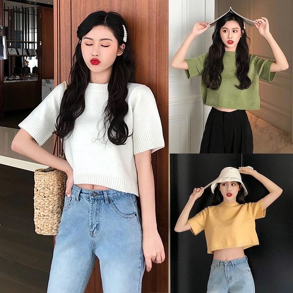 women's t-shirt women summer knitted short t-shirts solid color sleeves round neck casual pullover, White
women's t-shirt women summer knitted short t-shirts solid color sleeves round neck casual pullover, White