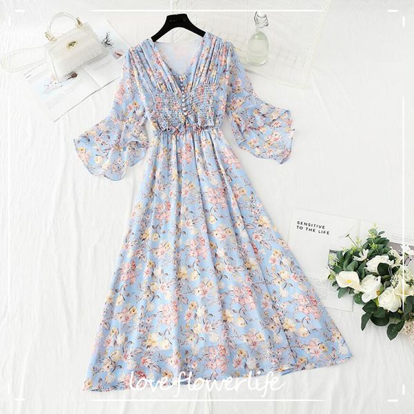 women summer dress fashion floral high waist sweet chiffon long dress korean style v-neck flare sleeves beach dress 210521, Black;gray
women summer dress fashion floral high waist sweet chiffon long dress korean style v-neck flare sleeves beach dress 210521, Black;gray