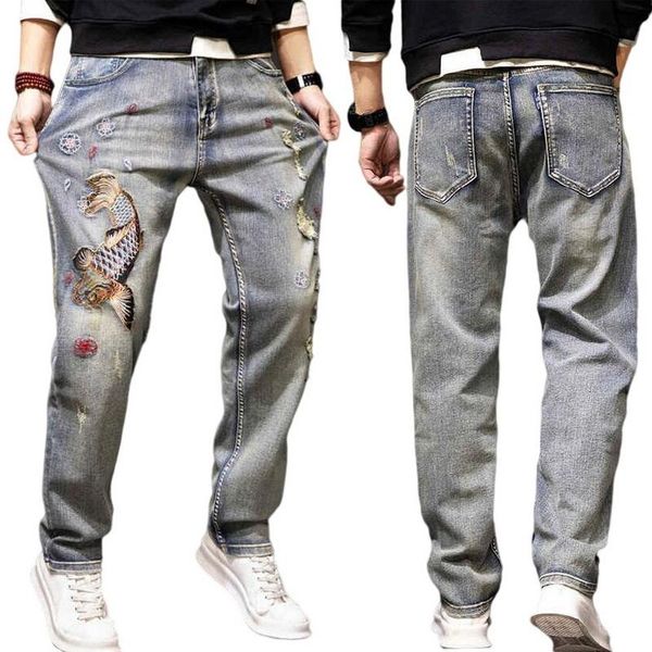 men's jeans oversized brocade carp embroidered men straight slim-fit distressed washed baggy denim pants plus size 28-41, Blue
men's jeans oversized brocade carp embroidered men straight slim-fit distressed washed baggy denim pants plus size 28-41, Blue