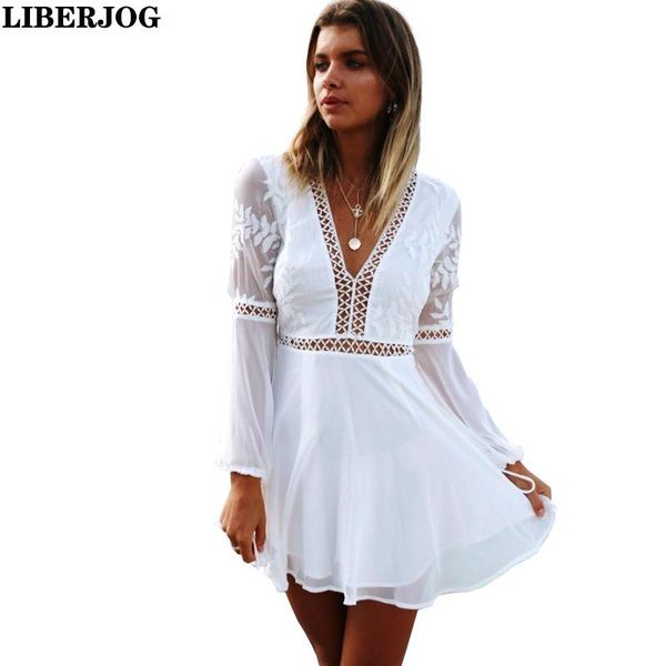 casual dresses liberjog women mini chiffon v-neck backless long sleeve lace split joint short hollow out white dress spring summer, Black;gray 
casual dresses liberjog women mini chiffon v-neck backless long sleeve lace split joint short hollow out white dress spring summer, Black;gray