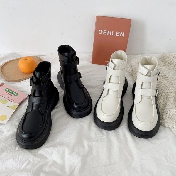 boots 2021 autumn thick-soled female round head cute shoes white short women's, Black