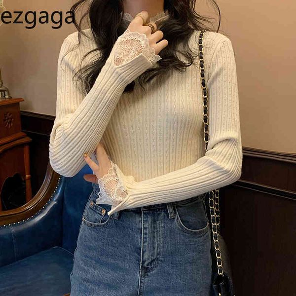 ezgaga knit women fashion basic lace patchwork turtleneck long sleeve stretch slim all-match ladies pullover thin sweater 210430, White;black
ezgaga knit women fashion basic lace patchwork turtleneck long sleeve stretch slim all-match ladies pullover thin sweater 210430, White;black