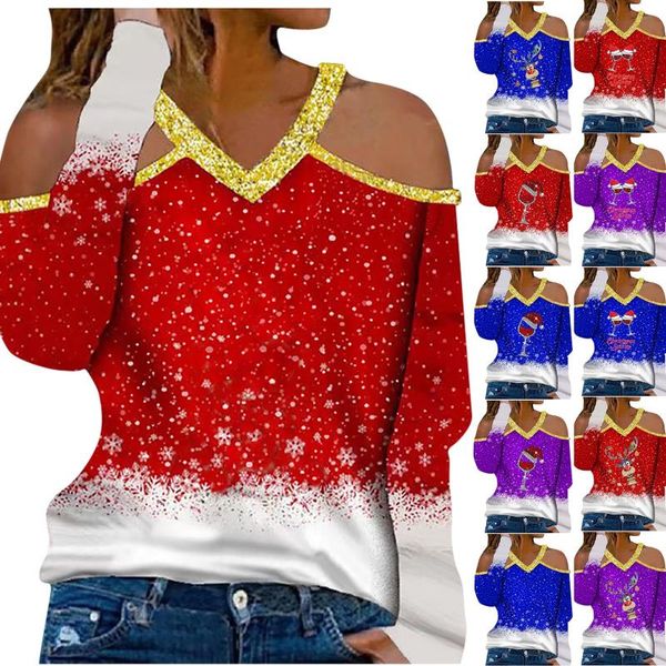 women's sweaters s-2xl 2021 christmas print v-neck off-the-shoulder halter stitching long-sleeved t-shirt blouse ladies streetwear, White;black
women's sweaters s-2xl 2021 christmas print v-neck off-the-shoulder halter stitching long-sleeved t-shirt blouse ladies streetwear, White;black