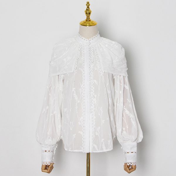 women's blouses & shirts 2021 spring embroidery blouse elegant stand collar lantern sleeve single breasted brand design white loose shi 
women's blouses & shirts 2021 spring embroidery blouse elegant stand collar lantern sleeve single breasted brand design white loose shi