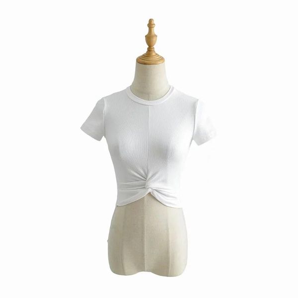 women's t-shirt twist front knot short sleeve women solid knit rib slim fit croptop, White
women's t-shirt twist front knot short sleeve women solid knit rib slim fit croptop, White