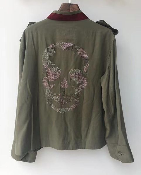 women's jackets back rhinestone skull pattern jacket ladies zipper long sleeve o-neck loose army green coat with pockets, Black;brown
women's jackets back rhinestone skull pattern jacket ladies zipper long sleeve o-neck loose army green coat with pockets, Black;brown