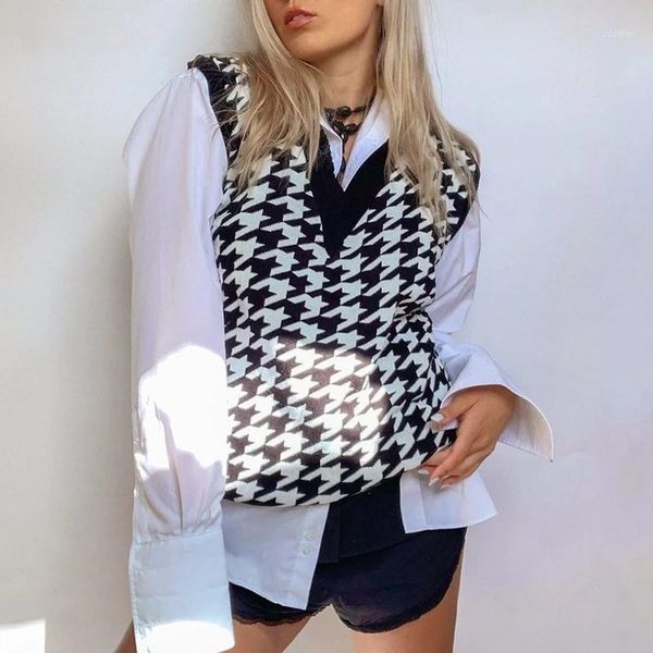 black v neck houndstooth vest women 2021 sleeveless sweater knitted jumper casual autumn winter loose pullover women's sweaters, White;black
black v neck houndstooth vest women 2021 sleeveless sweater knitted jumper casual autumn winter loose pullover women's sweaters, White;black