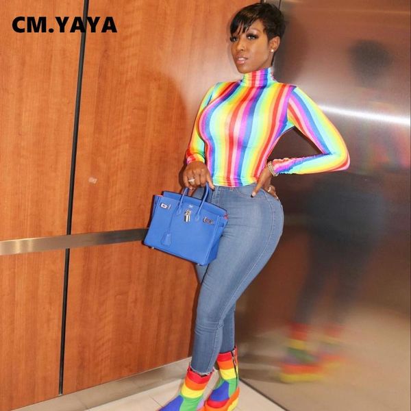 women's t-shirt cm.yaya rainbow striped long sleeve fashion classic turtleneck tee, White
women's t-shirt cm.yaya rainbow striped long sleeve fashion classic turtleneck tee, White