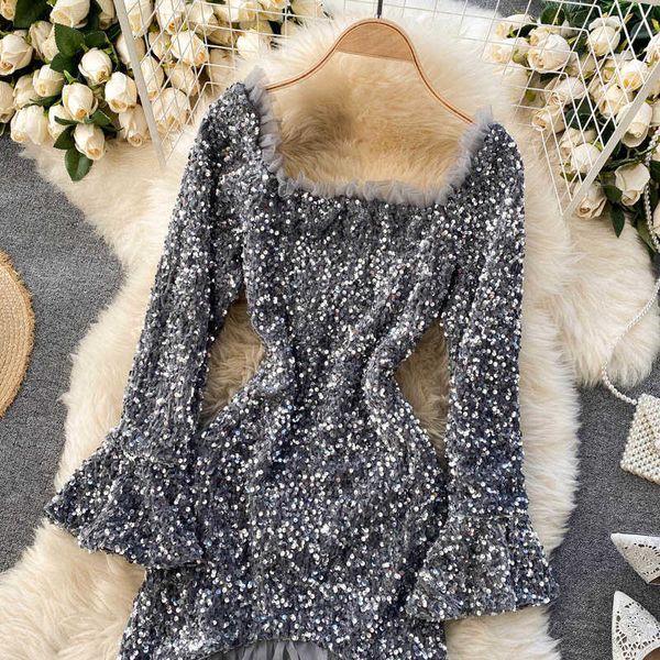 women shiny sequins dress square collar flare sleeve slim a-line dresses fashion chic mesh ruffles short party dress 210602, Black;gray
women shiny sequins dress square collar flare sleeve slim a-line dresses fashion chic mesh ruffles short party dress 210602, Black;gray