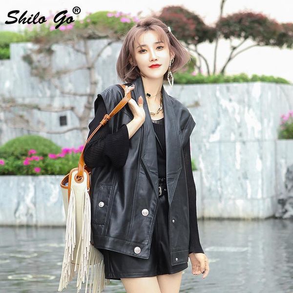 women's leather & faux office lady v neck vests women autumn solid sheepskin genuine sleeveless blazer casual double breasted work wear, Black
women's leather & faux office lady v neck vests women autumn solid sheepskin genuine sleeveless blazer casual double breasted work wear, Black