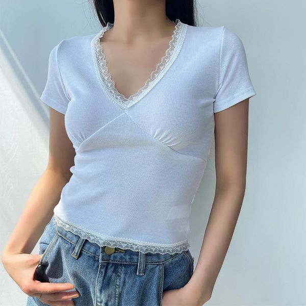 women v neck lace trimmed crop with bust seam detail mesh summer tees korean 7tmq women's t-shirt, White
women v neck lace trimmed crop with bust seam detail mesh summer tees korean 7tmq women's t-shirt, White