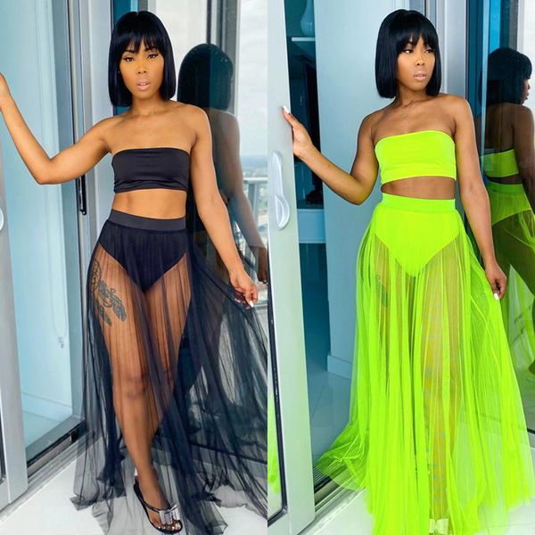women's swimwear strapless tank crop bikini set& beach cover up skirt fashion mesh pleated women swimsuit bathing suit, White;black
women's swimwear strapless tank crop bikini set& beach cover up skirt fashion mesh pleated women swimsuit bathing suit, White;black