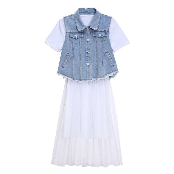 simple elegant office lady 2 pcs women set patchwork mesh dresses for women + denim sleeveless coats female summer 210525, White
simple elegant office lady 2 pcs women set patchwork mesh dresses for women + denim sleeveless coats female summer 210525, White