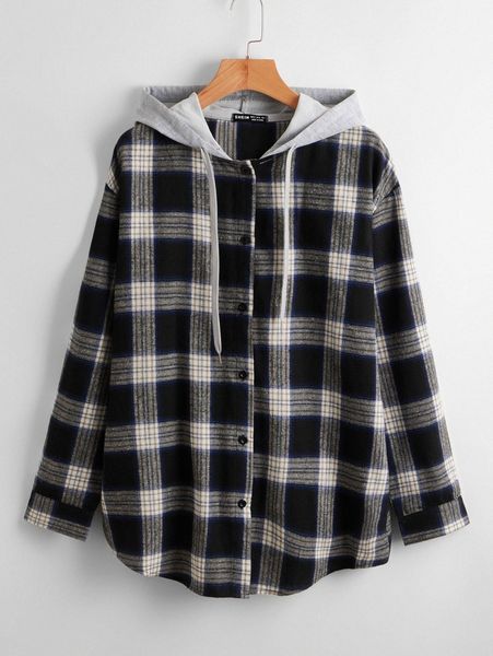 tartan print button front hooded blouse o5wv#, White