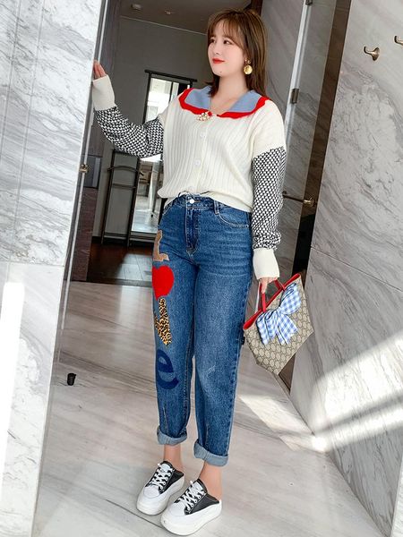 fashion contrast color patch letters loose radish pants all-match jeans women's autumn and winter plus sizes large size two piece, White
fashion contrast color patch letters loose radish pants all-match jeans women's autumn and winter plus sizes large size two piece, White