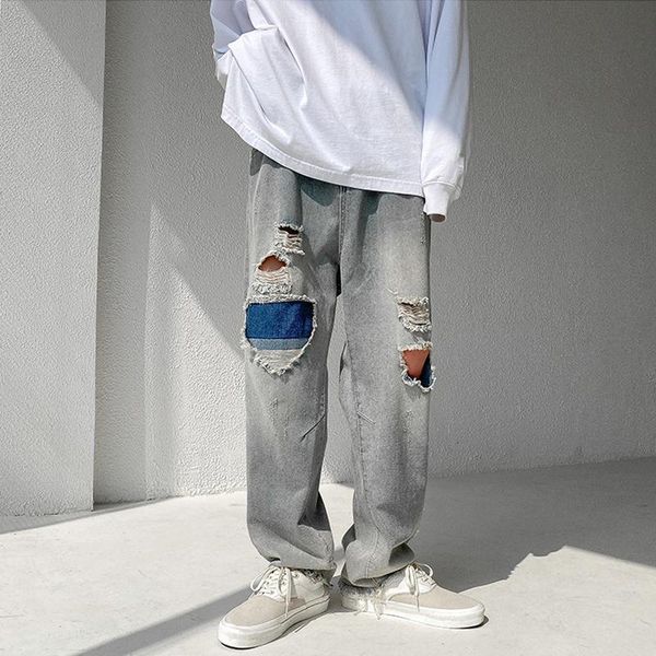 men wash splice casual straight patchwork ripped jeans trousers male fashion streetwear loose hip hop denim full length pants men's, Blue
men wash splice casual straight patchwork ripped jeans trousers male fashion streetwear loose hip hop denim full length pants men's, Blue