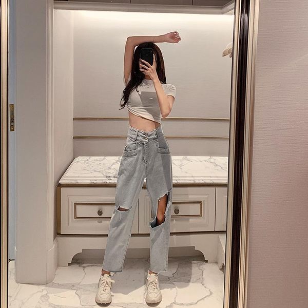 women's jeans 2021 ladies high stretch nine points women ripped casual straight pants streetwear trousers, Blue
women's jeans 2021 ladies high stretch nine points women ripped casual straight pants streetwear trousers, Blue
