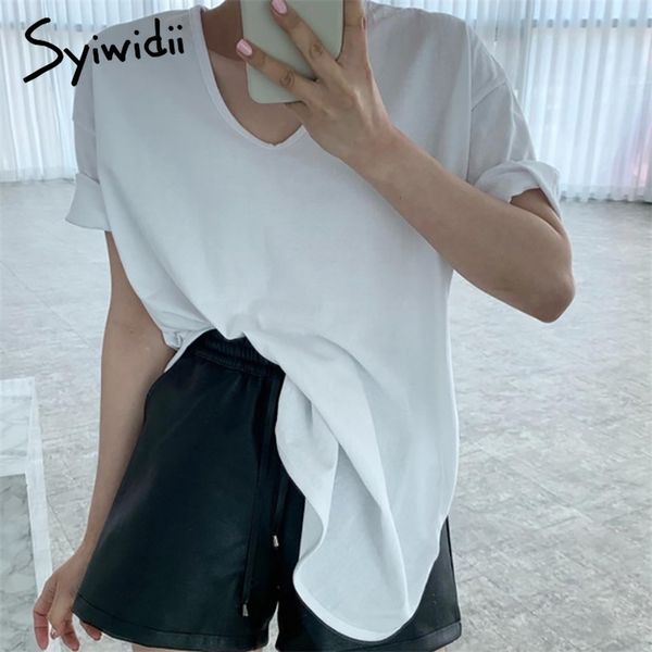 side split t-shirts women short sleeve casual o-neck solid white clothes summer cotton korean fashion shirts 210607
side split t-shirts women short sleeve casual o-neck solid white clothes summer cotton korean fashion shirts 210607