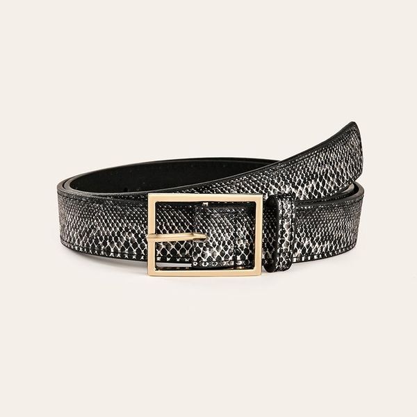 designer black snake skin print leather belt woman fashion gold pin buckle waist belts for women jeans cinturon mujer 2021, Black;brown