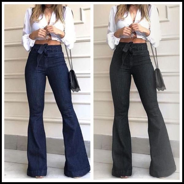women's jeans 2021 fashion denim flared pants personality high waist lace-up casual women, Blue