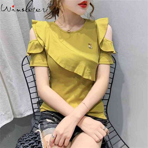 summer korean style cotton sloid t-shirt fashion shiny o-neck off shoulder women ruffles casual slim tees t13418a 210421, White
summer korean style cotton sloid t-shirt fashion shiny o-neck off shoulder women ruffles casual slim tees t13418a 210421, White