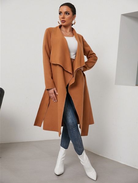 waterfall collar belted overcoat l95d#, Black