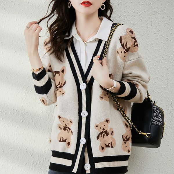 women sweater early autumn fashion little bear buttons loose cardigan sweater vintage v-neck long sleeve female outerwear, White;black
women sweater early autumn fashion little bear buttons loose cardigan sweater vintage v-neck long sleeve female outerwear, White;black