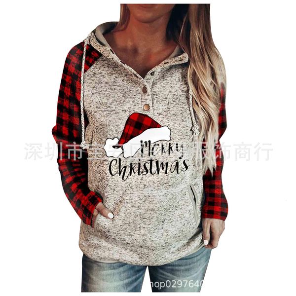 2021 winter christmas printed hooded long sleeve fleece women's sweater, Black