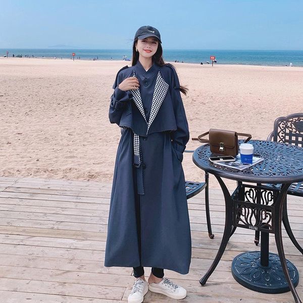 women's trench coats windbreaker long gray blue korean loose coat texture plaid lapel spring autumn ladies cloak casual jacket female, Tan;black
women's trench coats windbreaker long gray blue korean loose coat texture plaid lapel spring autumn ladies cloak casual jacket female, Tan;black