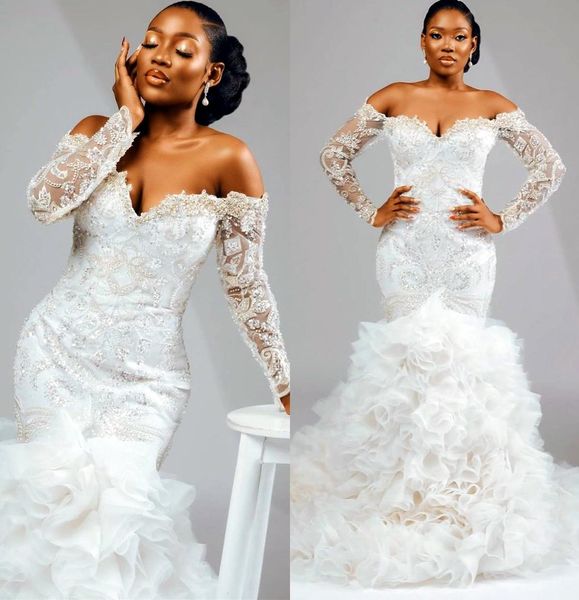 2022 plus size arabic aso ebi sparkly mermaid wedding dress ruffles cathedral train beaded sequined lace bridal gowns dresses, White
2022 plus size arabic aso ebi sparkly mermaid wedding dress ruffles cathedral train beaded sequined lace bridal gowns dresses, White