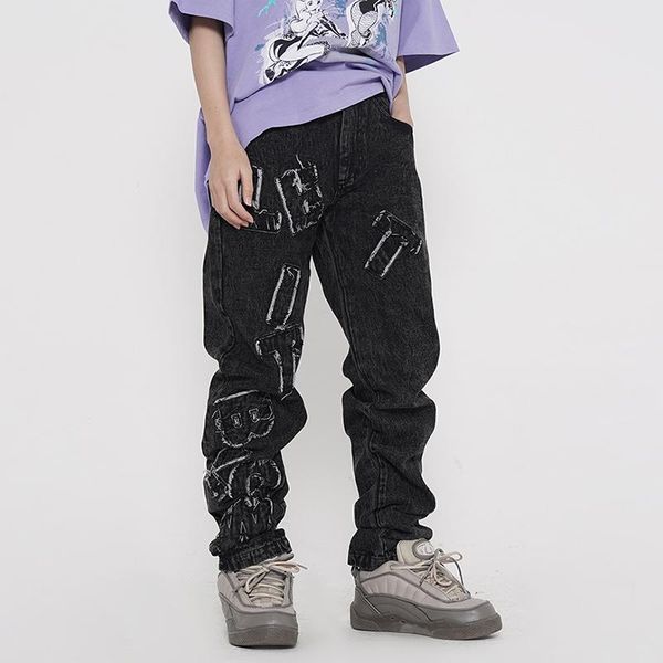 men's jeans high street letter embroidery frayed fringe mens washed oversize casual denim trousers straight loose baggy jean pants, Blue
men's jeans high street letter embroidery frayed fringe mens washed oversize casual denim trousers straight loose baggy jean pants, Blue