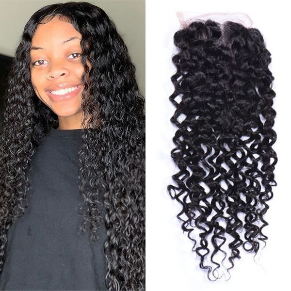

brazilian human hair 4x4 water wave lace closures middle three part wet and wavy closure piece, Black;brown