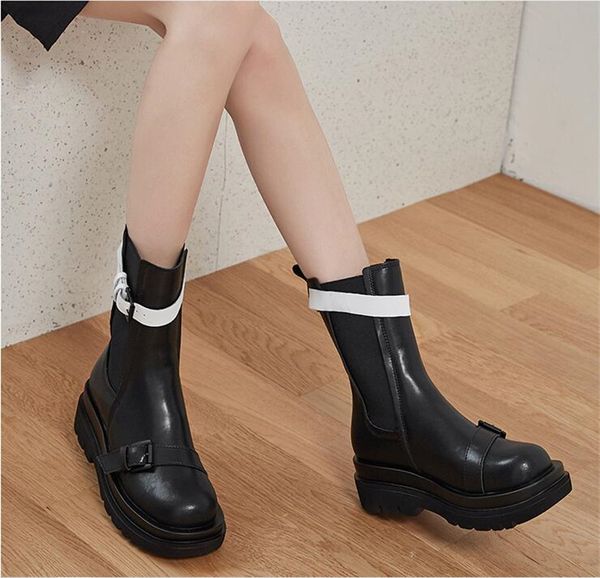 slip-on platform ankle boots for women matte white black round toe buckle high stretch color-block chelsea booties for autumn
slip-on platform ankle boots for women matte white black round toe buckle high stretch color-block chelsea booties for autumn