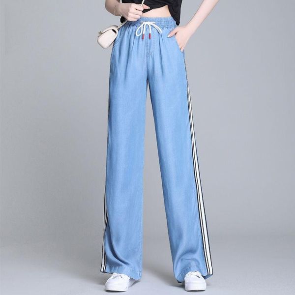 women's jeans summer cool tencel wide legs women elastic high waist drawstring side stripe loose straight jean trousers blue denim pant
women's jeans summer cool tencel wide legs women elastic high waist drawstring side stripe loose straight jean trousers blue denim pant
