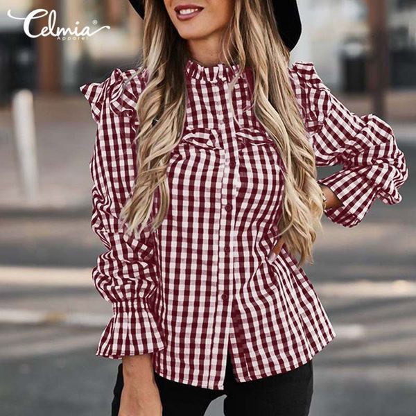 blouses celmia women 2021 spring blouses autumn fashion plaid shirts casual long flare sleeve elegant stand collar buttons blusas 7, White
blouses celmia women 2021 spring blouses autumn fashion plaid shirts casual long flare sleeve elegant stand collar buttons blusas 7, White