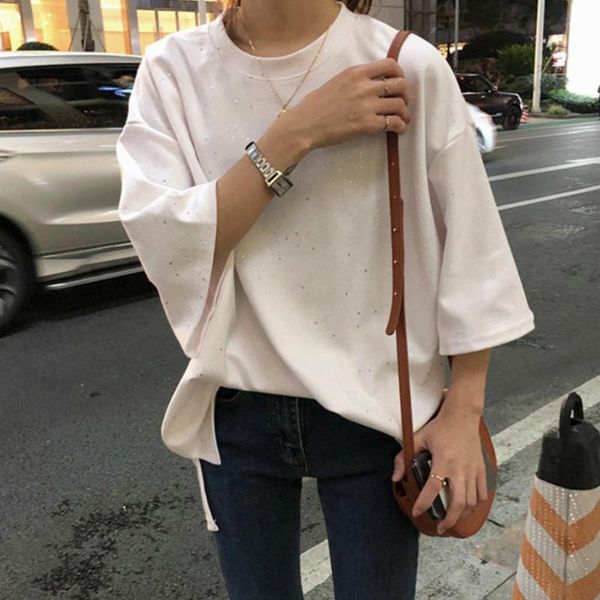 women's t-shirt female chic leisure slim loose summer plus size harajuku o-neck t-shirts women half sleeve asymmetrical sequins blingbl, White
women's t-shirt female chic leisure slim loose summer plus size harajuku o-neck t-shirts women half sleeve asymmetrical sequins blingbl, White