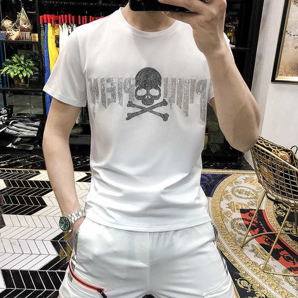 w0711 summer handsome tide brand letter skull head drill slim short sleeve t-shirt elastic cotton half sleeve, White;black
w0711 summer handsome tide brand letter skull head drill slim short sleeve t-shirt elastic cotton half sleeve, White;black