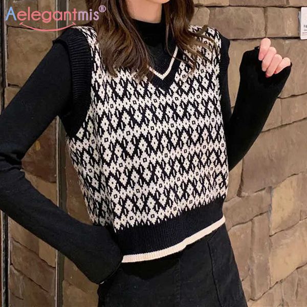 aelegantmis vintage knitted sweater vest women spring autumn korean casual retro preppy sleeveless waistcoats female jumper 210607, Black;white
aelegantmis vintage knitted sweater vest women spring autumn korean casual retro preppy sleeveless waistcoats female jumper 210607, Black;white