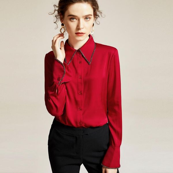 women's blouses & shirts european and american summer style lapel long-sleeved silk shirt collar nail drill mulberry top, White
women's blouses & shirts european and american summer style lapel long-sleeved silk shirt collar nail drill mulberry top, White