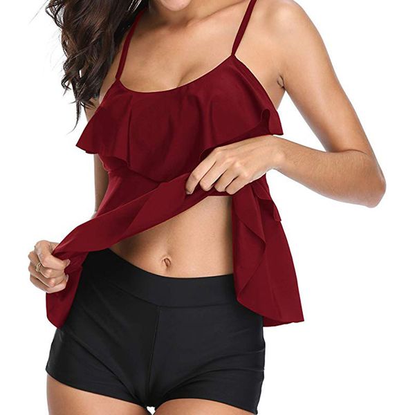 women's swimmer fashion 3-layer ruffle boxer sports split tankini swimsuit, White;black
women's swimmer fashion 3-layer ruffle boxer sports split tankini swimsuit, White;black