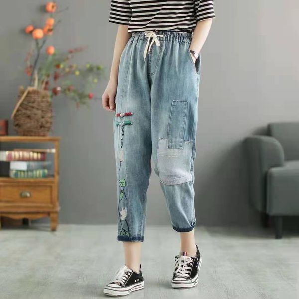 women's jeans summer arts style women loose casual elastic waist ankle-length pants button cotton denim patchwork harem w276 b194, Blue
women's jeans summer arts style women loose casual elastic waist ankle-length pants button cotton denim patchwork harem w276 b194, Blue