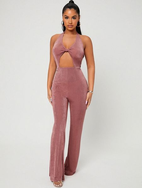 sxy halterneck cut out front flare leg jumpsuit a7z4#, White