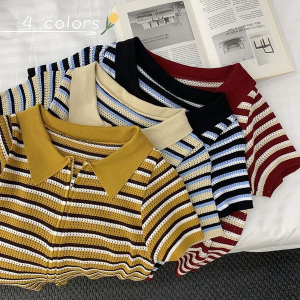 women's t-shirt korean style striped kintting short sleeve t shirt women zipper design turn down collar vintage cardigan harajuku tees, White
women's t-shirt korean style striped kintting short sleeve t shirt women zipper design turn down collar vintage cardigan harajuku tees, White
