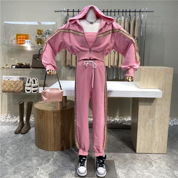 women's two piece pants brand original design minimized age tassel color back waist hooded coat + wrap chest bar contrast casual 3 suit, White
women's two piece pants brand original design minimized age tassel color back waist hooded coat + wrap chest bar contrast casual 3 suit, White