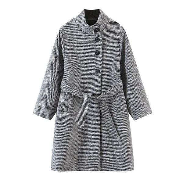 women's wool & blends women fad mid-high neck belt overcoat british fashion female beveled single breasted plaid jacket, Black
women's wool & blends women fad mid-high neck belt overcoat british fashion female beveled single breasted plaid jacket, Black