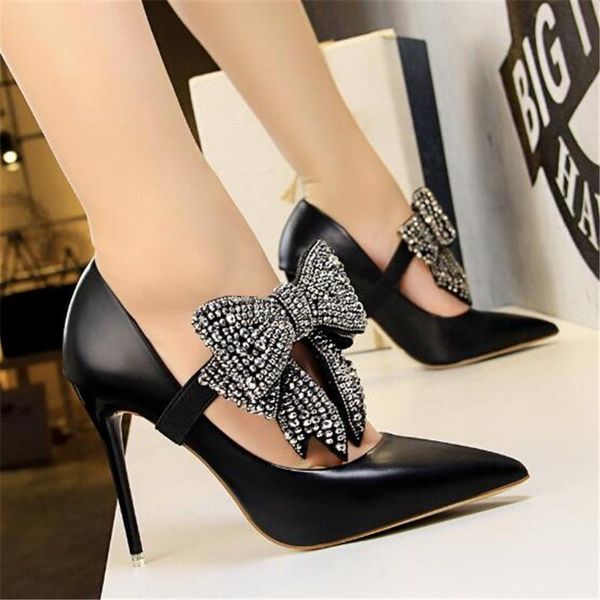 women pumps 11cm elegant thin high heel shallow mouth pointed word band rhinestone bow tie dress shoes, Black
women pumps 11cm elegant thin high heel shallow mouth pointed word band rhinestone bow tie dress shoes, Black